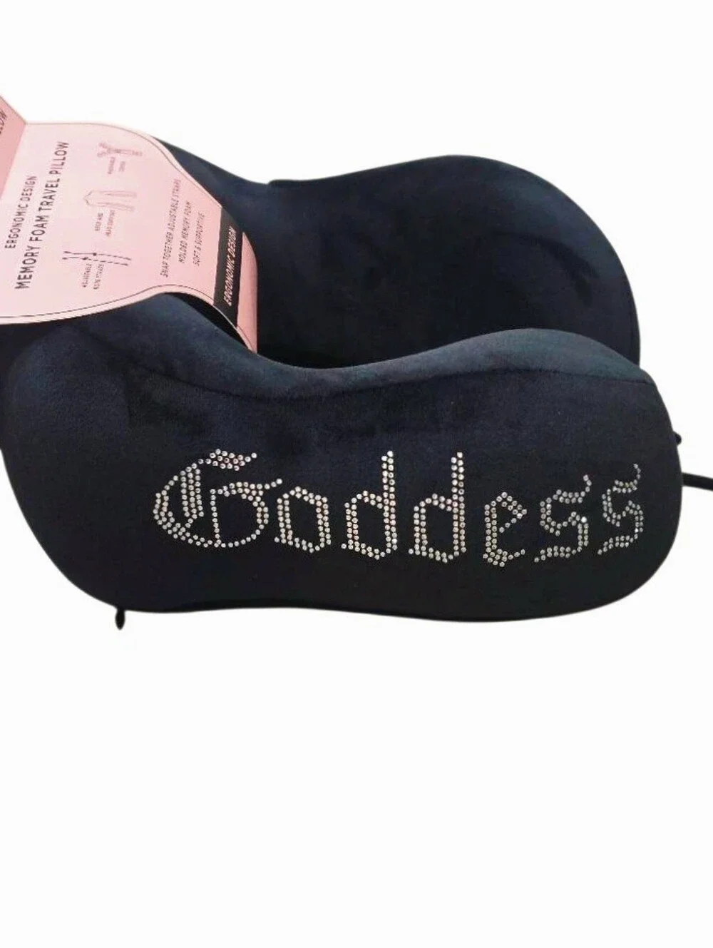 Juicy Couture Home Rhinestone Goddess Memory Foam Travel Pillow- Black